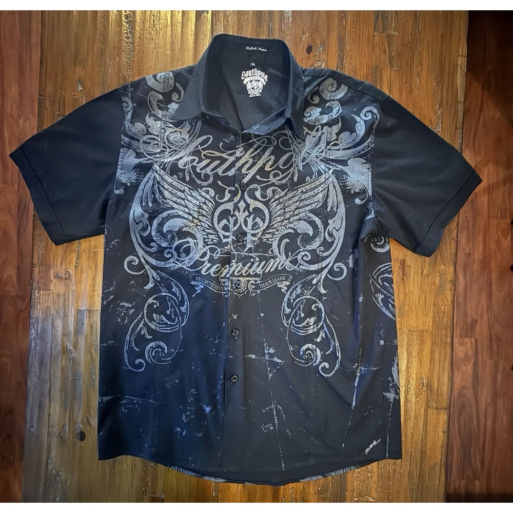 Southpole Premium Y2K Button Up Shirt XL Black Graphic Wings Rhinestone